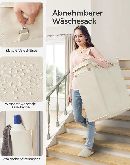 FurnStar - Wasmand 2 vakken - 140 liter - Wasverzamelaar met wieltjes - Waszak Afneembaar - Stalen frame - Met handvat - Ruim - 69 x 39 x 81 cm - Cremewit