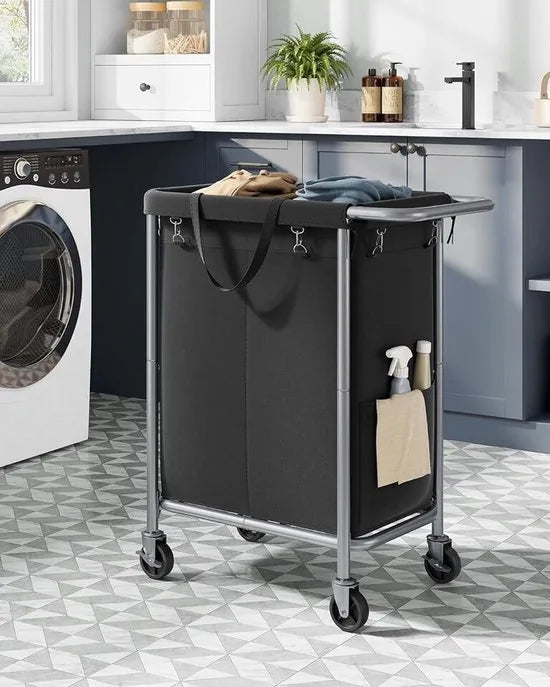FurnStar - Wasmand - 2 vakken - 140 liter - Wasverzamelaar met wieltjes - Waszak Afneembaar - Stalen frame - Met handvat - Ruim - 69 x 39 x 81 cm - Zwart