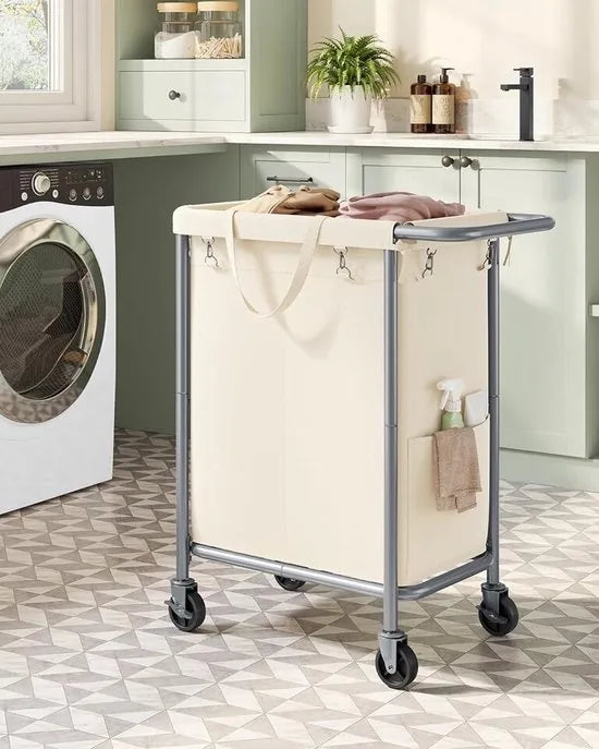 FurnStar - Wasmand 2 vakken - 140 liter - Wasverzamelaar met wieltjes - Waszak Afneembaar - Stalen frame - Met handvat - Ruim - 69 x 39 x 81 cm - Cremewit