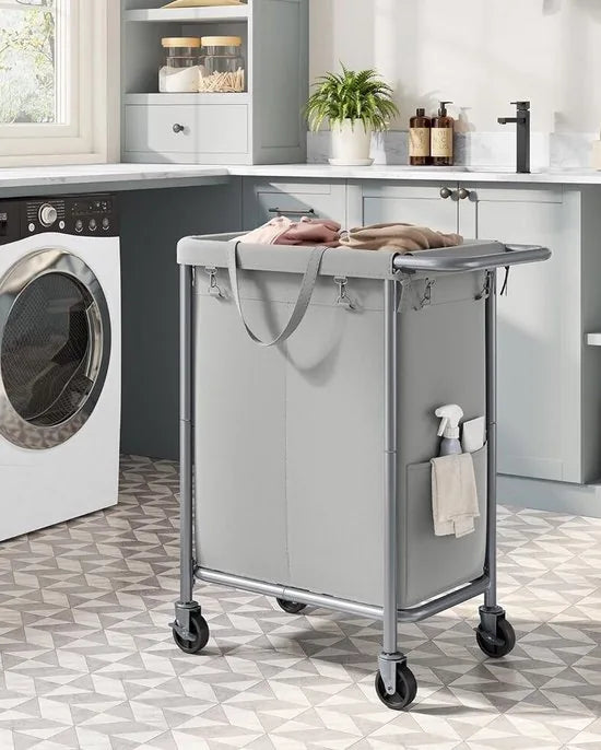 FurnStar - Wasmand 2 vakken - 140 liter - Wasverzamelaar met wieltjes - Waszak Afneembaar - Stalen frame - Met handvat - Ruim - 69 x 39 x 81 cm - Grijs
