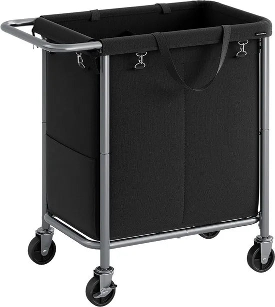 FurnStar - Wasmand 2 vakken - 90 liter - Wasverzamelaar met wieltjes - Waszak Afneembaar - Stalen frame - Met handvat - Ruim - 61 x 29 x 81 cm - Zwart