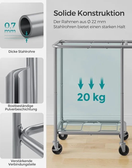 FurnStar - Wasmand 2 vakken - 90 liter - Wasverzamelaar met wieltjes - Waszak Afneembaar - Stalen frame - Met handvat - Ruim - 61 x 29 x 81 cm - Zwart