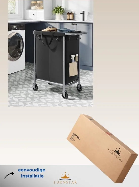 FurnStar - Wasmand 2 vakken - 90 liter - Wasverzamelaar met wieltjes - Waszak Afneembaar - Stalen frame - Met handvat - Ruim - 61 x 29 x 81 cm - Zwart