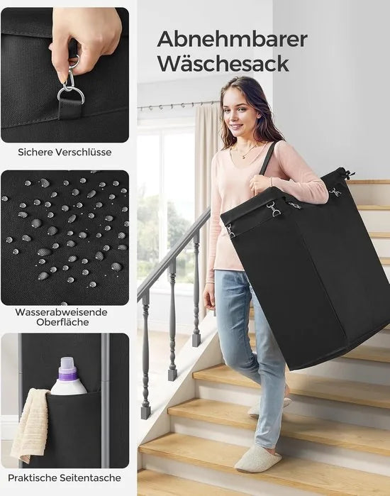 FurnStar - Wasmand 2 vakken - 90 liter - Wasverzamelaar met wieltjes - Waszak Afneembaar - Stalen frame - Met handvat - Ruim - 61 x 29 x 81 cm - Zwart