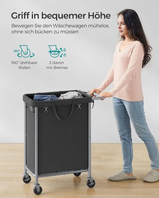 FurnStar - Wasmand 2 vakken - 90 liter - Wasverzamelaar met wieltjes - Waszak Afneembaar - Stalen frame - Met handvat - Ruim - 61 x 29 x 81 cm - Zwart
