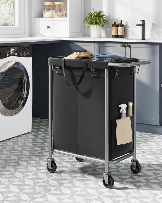 FurnStar - Wasmand 2 vakken - 90 liter - Wasverzamelaar met wieltjes - Waszak Afneembaar - Stalen frame - Met handvat - Ruim - 61 x 29 x 81 cm - Zwart