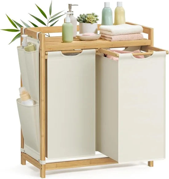 Furnstar wasmand - 2 vakken - Bamboe Wasverzamelaar - 100 l Wassorteerder met plank -Waszak - Kleine zijzakken - Wasrek - 2 x 50 l 63 x 33 x 78 cm - Crèmewit