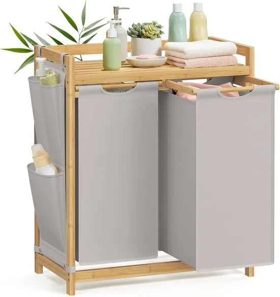 Furnstar wasmand - 2 vakken - Bamboe Wasverzamelaar - 100 l Wassorteerder met plank -Waszak - Kleine zijzakken - Wasrek - 2 x 50 l 63 x 33 x 78 cm - Grijs
