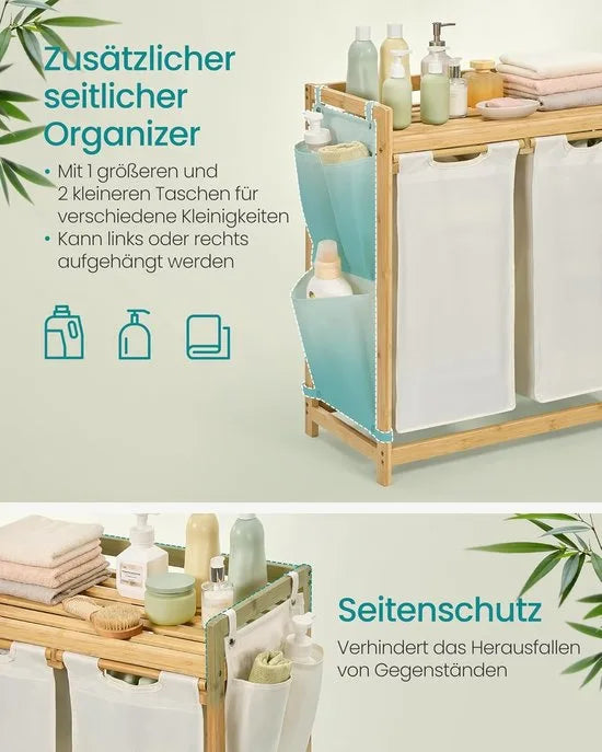 Furnstar wasmand - 2 vakken - Bamboe Wasverzamelaar - 100 l Wassorteerder met plank -Waszak - Kleine zijzakken - Wasrek - 2 x 50 l 63 x 33 x 78 cm - Crèmewit