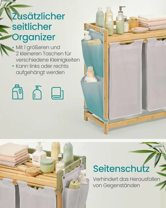 Furnstar wasmand - 2 vakken - Bamboe Wasverzamelaar - 100 l Wassorteerder met plank -Waszak - Kleine zijzakken - Wasrek - 2 x 50 l 63 x 33 x 78 cm - Grijs