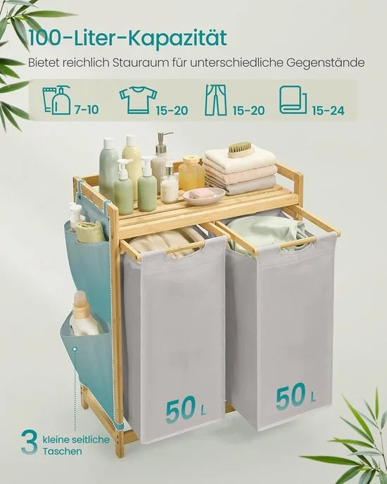 Furnstar wasmand - 2 vakken - Bamboe Wasverzamelaar - 100 l Wassorteerder met plank -Waszak - Kleine zijzakken - Wasrek - 2 x 50 l 63 x 33 x 78 cm - Grijs