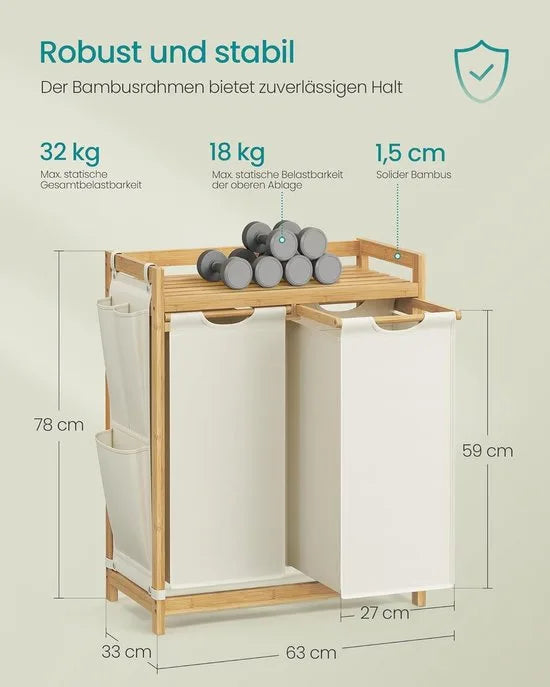 Furnstar wasmand - 2 vakken - Bamboe Wasverzamelaar - 100 l Wassorteerder met plank -Waszak - Kleine zijzakken - Wasrek - 2 x 50 l 63 x 33 x 78 cm - Crèmewit