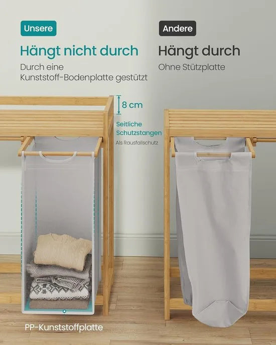 Furnstar wasmand - 2 vakken - Bamboe Wasverzamelaar - 100 l Wassorteerder met plank -Waszak - Kleine zijzakken - Wasrek - 2 x 50 l 63 x 33 x 78 cm - Grijs