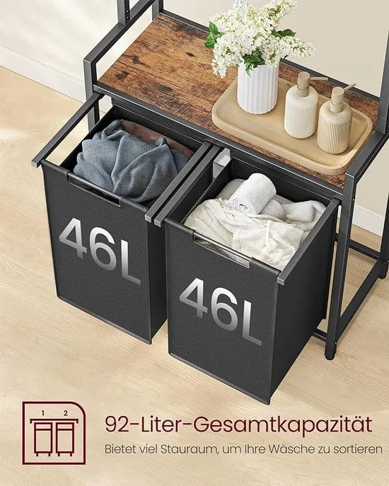 FurnStar - Wasmand - 2 vakken - Wassorteerder - Incl. Kledingstang - 2x46L - Zwart
