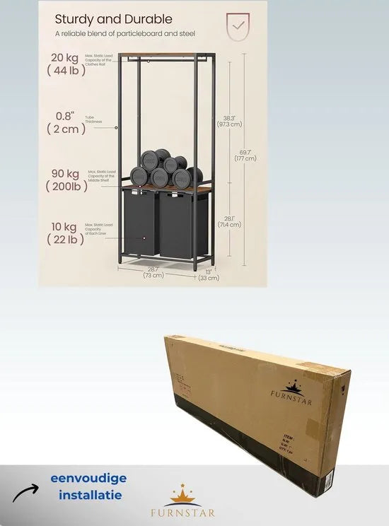 FurnStar - Wasmand 2 vakken - Wassorteerder - Incl. Kledingstang - 2x46L - Zwart