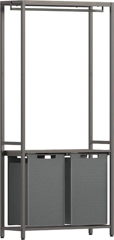 FurnStar - Wasmand 2 vakken - Wassorteerder - Wasverzamelaar met kledingstang - Wassorteerder met plank -2x46L - Grijs