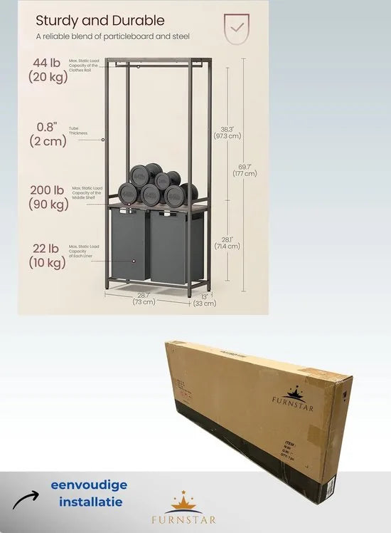 FurnStar - Wasmand 2 vakken - Wassorteerder - Wasverzamelaar met kledingstang - Wassorteerder met plank -2x46L - Grijs