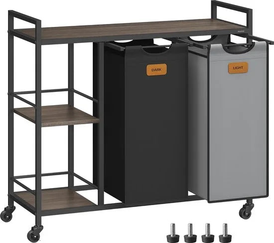 FurnStar - Wasmand 2 vakken - wasverzamelaar 100 l - wassorteerder - rollen - waswagen met planken - waszak - met afneembare vakken - 6 etiketten - kastanjebruin-inktzwart-87 x 33 x 80,5 cm - duifgrijs