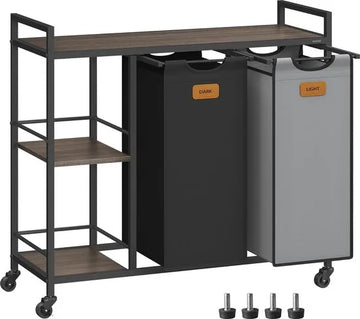 FurnStar - Wasmand 2 vakken - wasverzamelaar 100 l - wassorteerder - rollen - waswagen met planken - waszak - met afneembare vakken - 6 etiketten - kastanjebruin-inktzwart-87 x 33 x 80,5 cm - duifgrijs