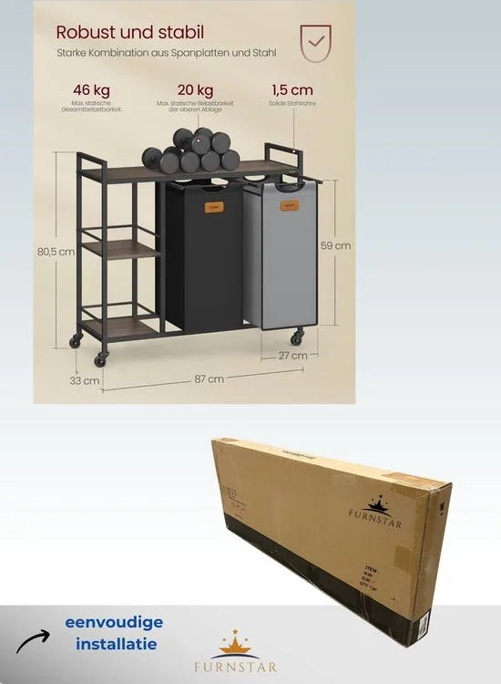 FurnStar - Wasmand 2 vakken - wasverzamelaar 100 l - wassorteerder - rollen - waswagen met planken - waszak - met afneembare vakken - 6 etiketten - kastanjebruin-inktzwart-87 x 33 x 80,5 cm - duifgrijs
