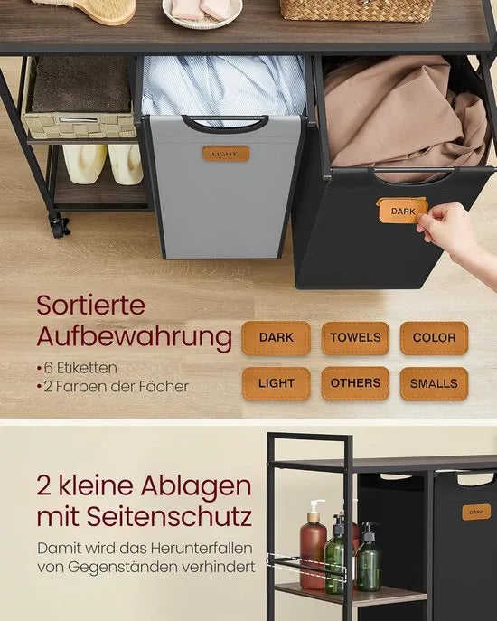 FurnStar - Wasmand 2 vakken - wasverzamelaar 100 l - wassorteerder - rollen - waswagen met planken - waszak - met afneembare vakken - 6 etiketten - kastanjebruin-inktzwart-87 x 33 x 80,5 cm - duifgrijs