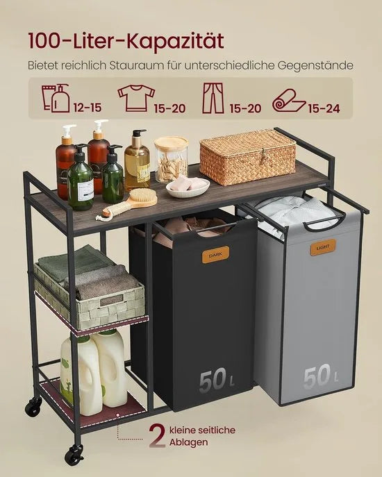 FurnStar - Wasmand 2 vakken - wasverzamelaar 100 l - wassorteerder - rollen - waswagen met planken - waszak - met afneembare vakken - 6 etiketten - kastanjebruin-inktzwart-87 x 33 x 80,5 cm - duifgrijs