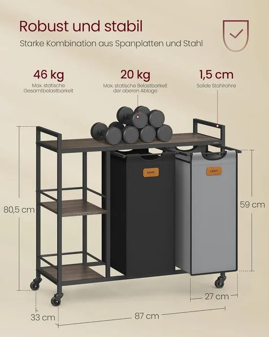 FurnStar - Wasmand 2 vakken - wasverzamelaar 100 l - wassorteerder - rollen - waswagen met planken - waszak - met afneembare vakken - 6 etiketten - kastanjebruin-inktzwart-87 x 33 x 80,5 cm - duifgrijs