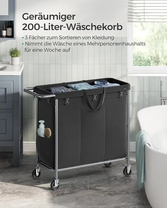 FurnStar - Wasmand 3 vakken - 200 liter - Wasverzamelaar met wieltjes - Waszak Afneembaar - Stalen frame - Met handvat - Ruim - 91 x 39 x 81 cm - Zwart