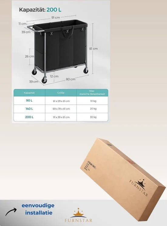 FurnStar - Wasmand 3 vakken - 200 liter - Wasverzamelaar met wieltjes - Waszak Afneembaar - Stalen frame - Met handvat - Ruim - 91 x 39 x 81 cm - Zwart