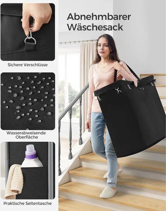 FurnStar - Wasmand 3 vakken - 200 liter - Wasverzamelaar met wieltjes - Waszak Afneembaar - Stalen frame - Met handvat - Ruim - 91 x 39 x 81 cm - Zwart