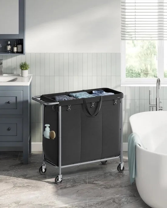 FurnStar - Wasmand 3 vakken - 200 liter - Wasverzamelaar met wieltjes - Waszak Afneembaar - Stalen frame - Met handvat - Ruim - 91 x 39 x 81 cm - Zwart