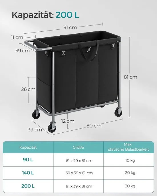 FurnStar - Wasmand 3 vakken - 200 liter - Wasverzamelaar met wieltjes - Waszak Afneembaar - Stalen frame - Met handvat - Ruim - 91 x 39 x 81 cm - Zwart