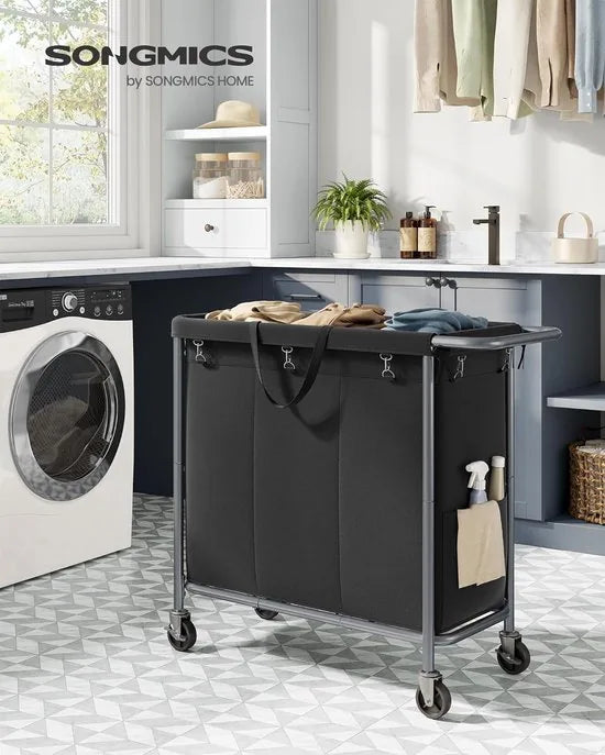 FurnStar - Wasmand 3 vakken - 200 liter - Wasverzamelaar met wieltjes - Waszak Afneembaar - Stalen frame - Met handvat - Ruim - 91 x 39 x 81 cm - Zwart