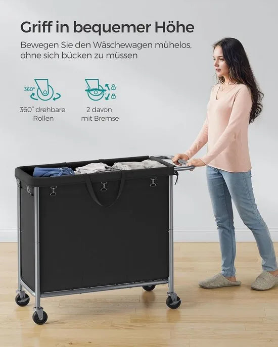 FurnStar - Wasmand 3 vakken - 200 liter - Wasverzamelaar met wieltjes - Waszak Afneembaar - Stalen frame - Met handvat - Ruim - 91 x 39 x 81 cm - Zwart