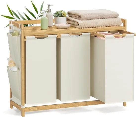 Furnstar wasmand - 3 vakken - Bamboe - Wasverzamelaar 150 l - Wassorteerder met plank -Waszak - Kleine zijzakken - 3 x 50 l 94 x 33 x 78 cm - Crèmewit
