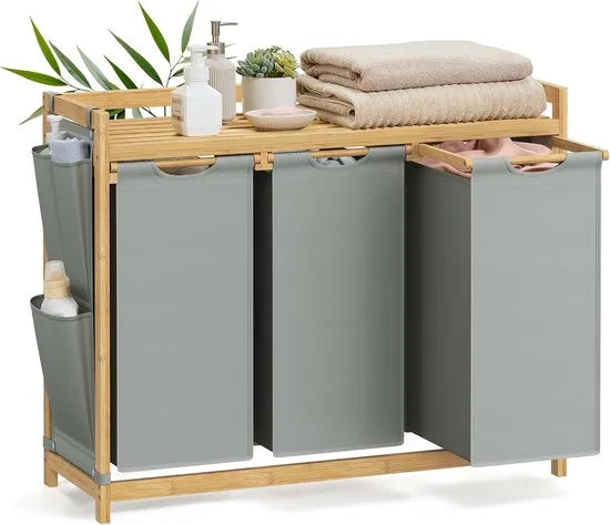 Furnstar wasmand - 3 vakken - Bamboe - Wasverzamelaar 150 l - Wassorteerder met plank -Waszak - Kleine zijzakken - 3 x 50 l 94 x 33 x 78 cm - Duifgrijs
