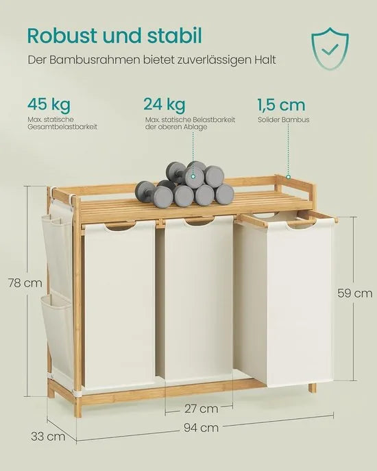 Furnstar wasmand - 3 vakken - Bamboe - Wasverzamelaar 150 l - Wassorteerder met plank -Waszak - Kleine zijzakken - 3 x 50 l 94 x 33 x 78 cm - Crèmewit