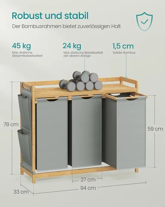 Furnstar wasmand - 3 vakken - Bamboe - Wasverzamelaar 150 l - Wassorteerder met plank -Waszak - Kleine zijzakken - 3 x 50 l 94 x 33 x 78 cm - Duifgrijs