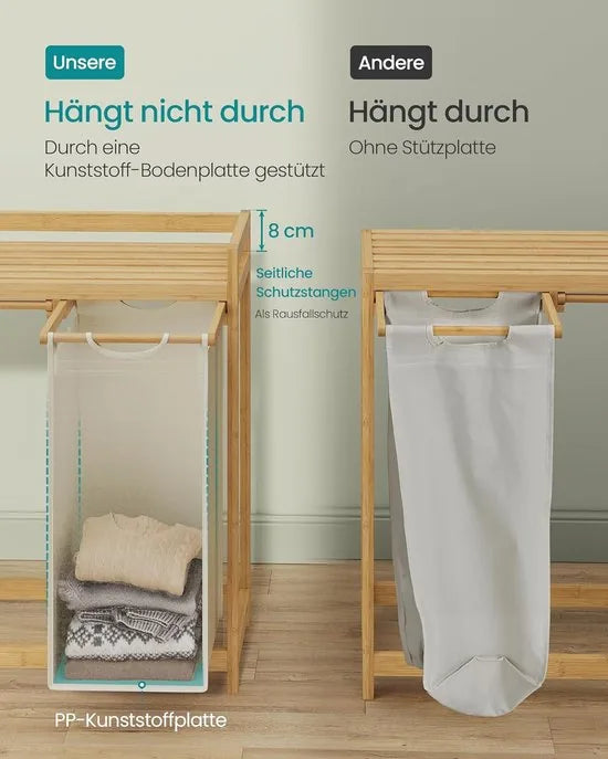 Furnstar wasmand - 3 vakken - Bamboe - Wasverzamelaar 150 l - Wassorteerder met plank -Waszak - Kleine zijzakken - 3 x 50 l 94 x 33 x 78 cm - Crèmewit