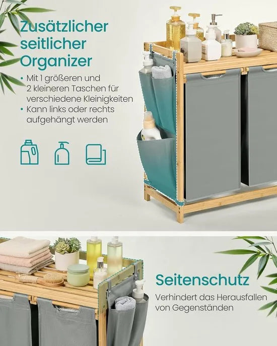 Furnstar wasmand - 3 vakken - Bamboe - Wasverzamelaar 150 l - Wassorteerder met plank -Waszak - Kleine zijzakken - 3 x 50 l 94 x 33 x 78 cm - Duifgrijs