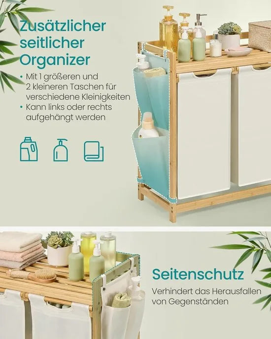 Furnstar wasmand - 3 vakken - Bamboe - Wasverzamelaar 150 l - Wassorteerder met plank -Waszak - Kleine zijzakken - 3 x 50 l 94 x 33 x 78 cm - Crèmewit