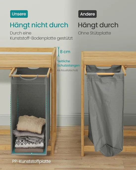 Furnstar wasmand - 3 vakken - Bamboe - Wasverzamelaar 150 l - Wassorteerder met plank -Waszak - Kleine zijzakken - 3 x 50 l 94 x 33 x 78 cm - Duifgrijs