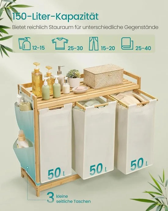 Furnstar wasmand - 3 vakken - Bamboe - Wasverzamelaar 150 l - Wassorteerder met plank -Waszak - Kleine zijzakken - 3 x 50 l 94 x 33 x 78 cm - Crèmewit