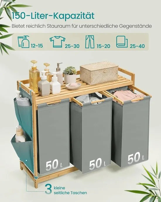 Furnstar wasmand - 3 vakken - Bamboe - Wasverzamelaar 150 l - Wassorteerder met plank -Waszak - Kleine zijzakken - 3 x 50 l 94 x 33 x 78 cm - Duifgrijs