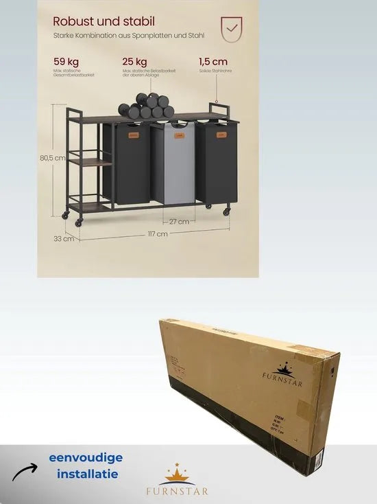 FurnStar Wasmand 3 Vakken – Wassorteerder 150L met Rollen en Planken – Afneembare Waszakken – 6 Etiketten – 117 x 33 x 80,5 cm – Kastanjebruin - Inktzwart & Duifgrijs