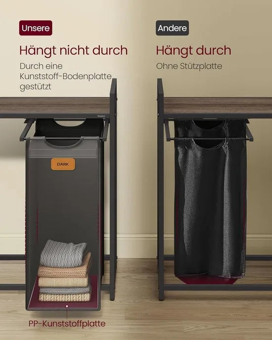 FurnStar Wasmand 3 Vakken – Wassorteerder 150L met Rollen en Planken – Afneembare Waszakken – 6 Etiketten – 117 x 33 x 80,5 cm – Kastanjebruin - Inktzwart & Duifgrijs