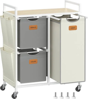 FurnStar - Wasmand 3 vakken, wasverzamelaar 100 l, wassorteerder, rollen, waswagen met plank, waszak, kleine zijzakken, 6 etiketten, natuurbeige-duifgrijs-crèmewit