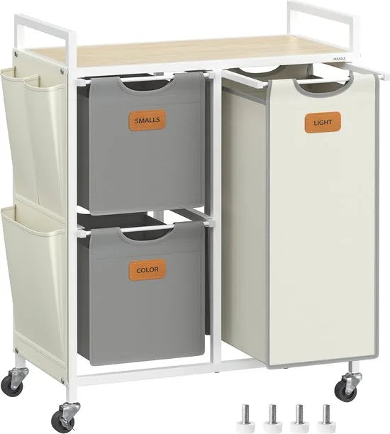 FurnStar - Wasmand 3 vakken, wasverzamelaar 100 l, wassorteerder, rollen, waswagen met plank, waszak, kleine zijzakken, 6 etiketten, natuurbeige-duifgrijs-crèmewit