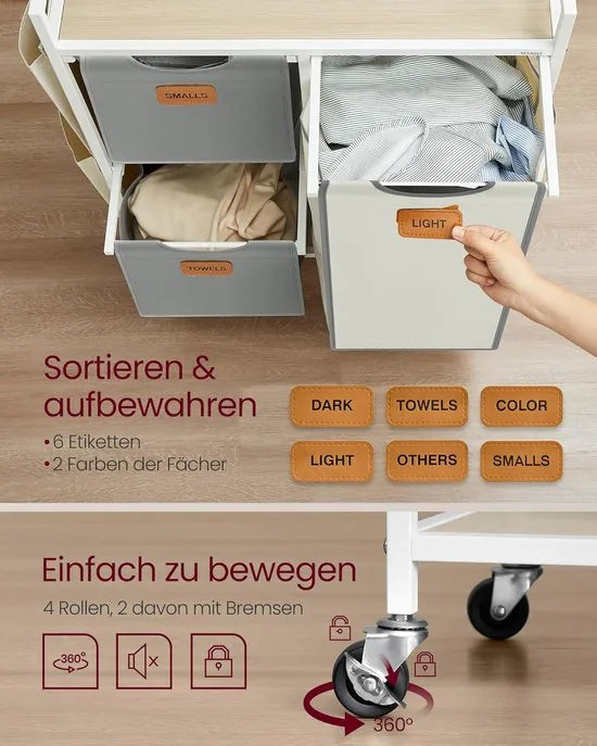 FurnStar - Wasmand 3 vakken, wasverzamelaar 100 l, wassorteerder, rollen, waswagen met plank, waszak, kleine zijzakken, 6 etiketten, natuurbeige-duifgrijs-crèmewit