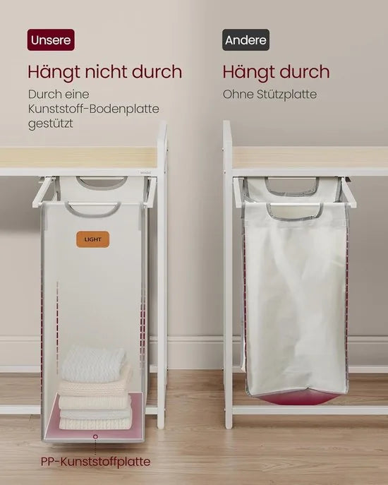 FurnStar - Wasmand 3 vakken, wasverzamelaar 100 l, wassorteerder, rollen, waswagen met plank, waszak, kleine zijzakken, 6 etiketten, natuurbeige-duifgrijs-crèmewit